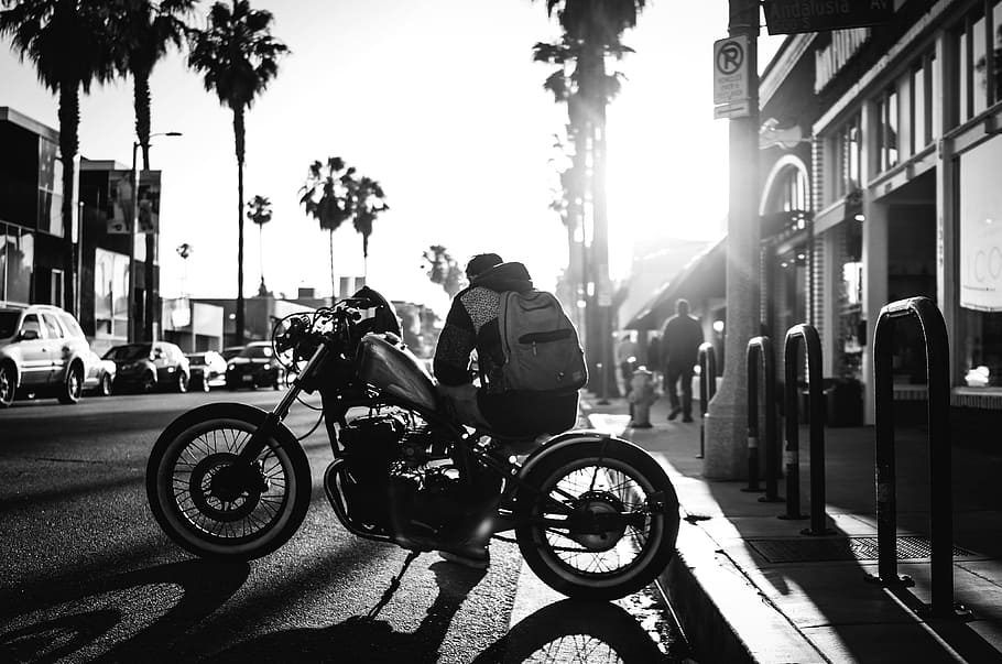 man sitting on cruiser motorcycle on grayscale photograyphy, Abbot Kinney 7:30 PM, HD wallpaper