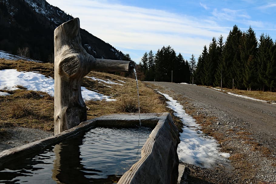 brown wooden through on roadside, Fountain, Clear, Mountain, Water