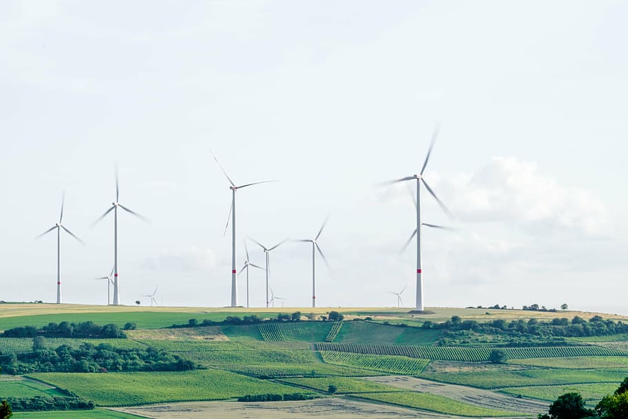 turned-on wind turbines on grass field, photo, white, windmill