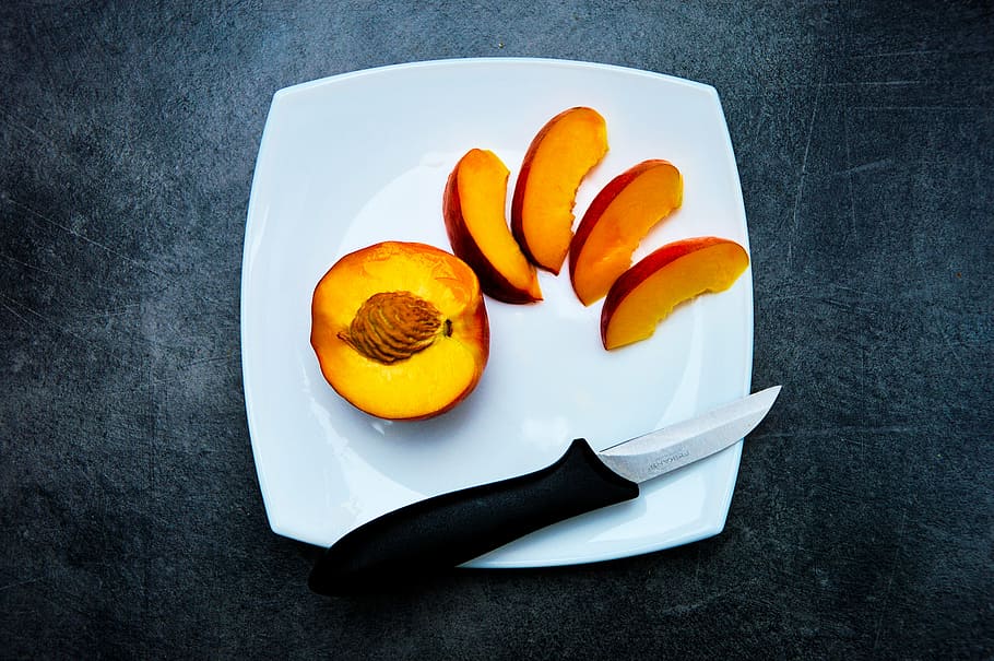 apricot, food, fruit, healthy, kitchen, knife, nectarine, peach, HD wallpaper