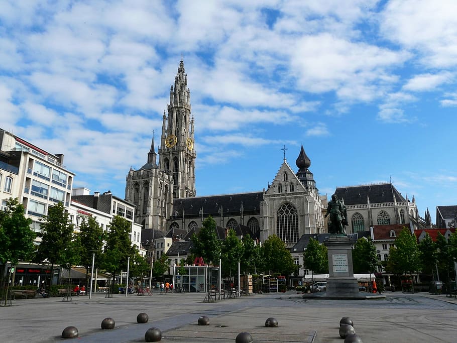Old City Square of Antwerp, Belgium, buildings, clouds, photos, HD wallpaper