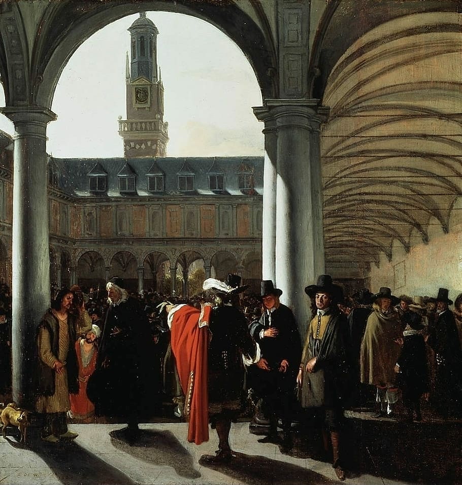 Courtyard of Amsterdam Stock Exchange in 1653 in the Netherlands HD wallpaper