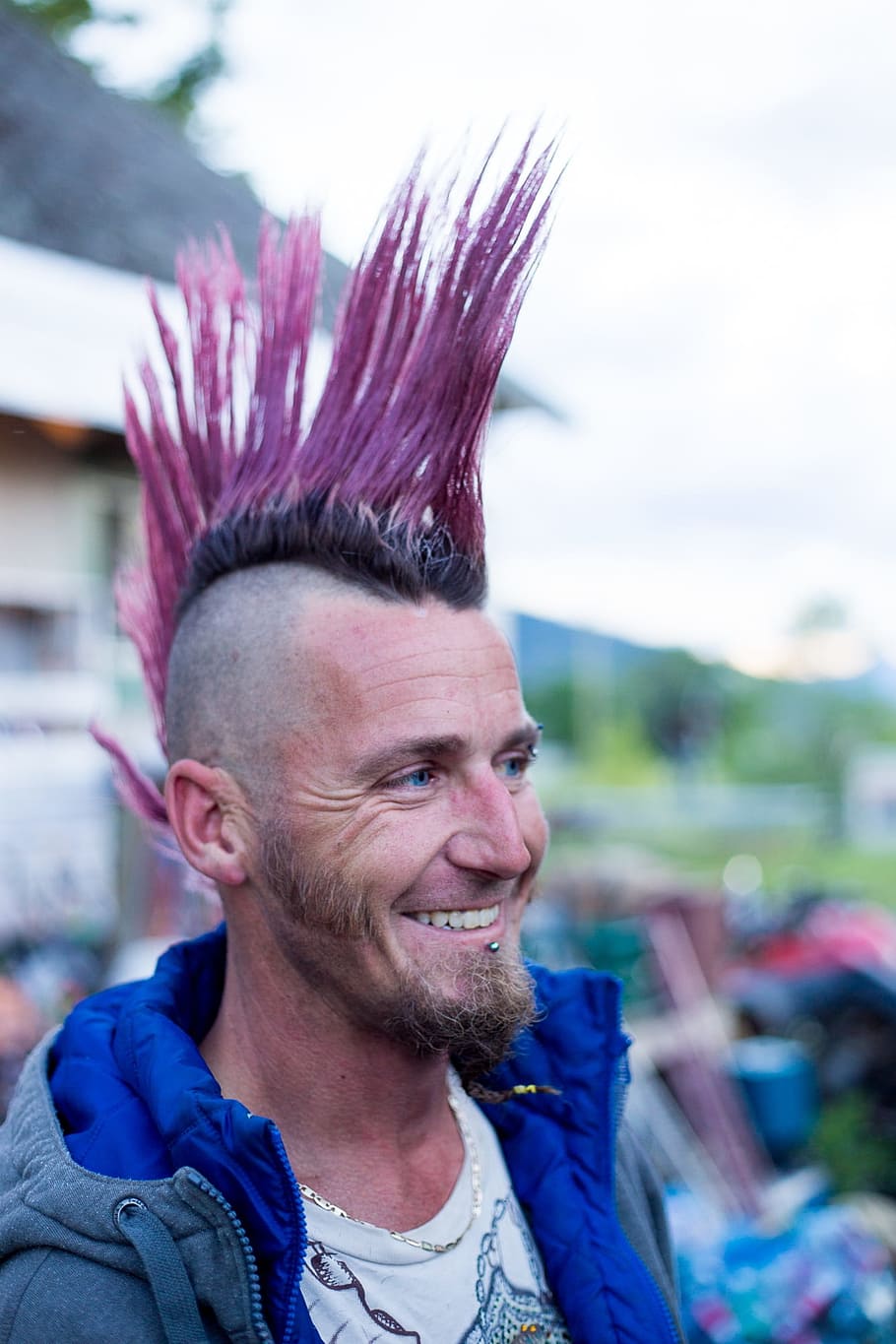 Iroquois, Punk, Mohawk, Purple, hair style, pink, smiling, headshot