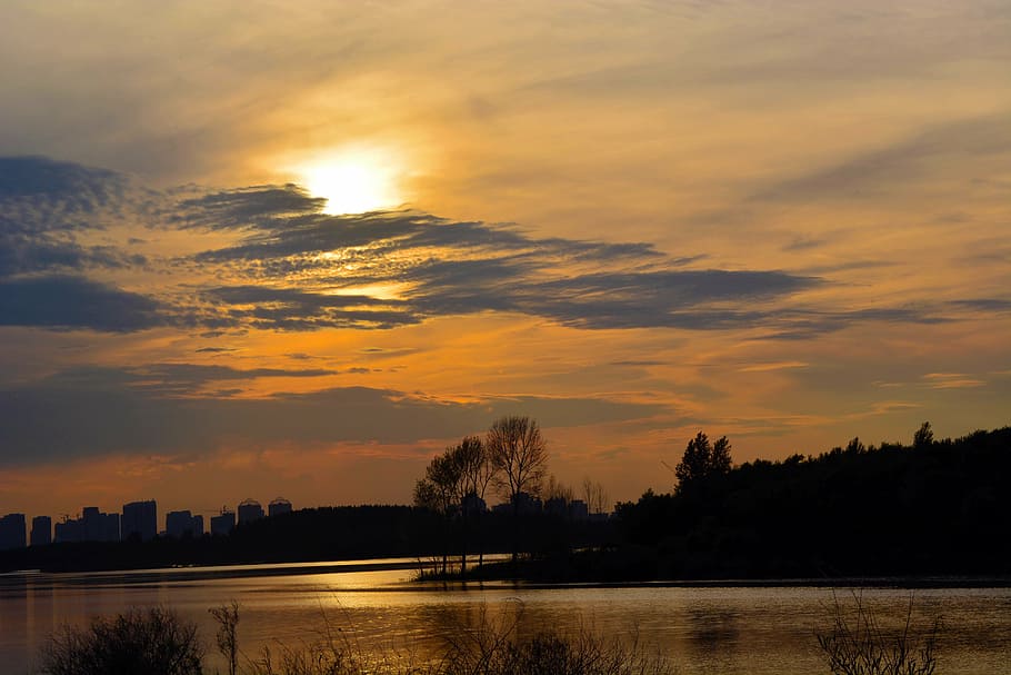 harbin, views, sunset, sky, cloud - sky, water, tree, scenics - nature HD wallpaper