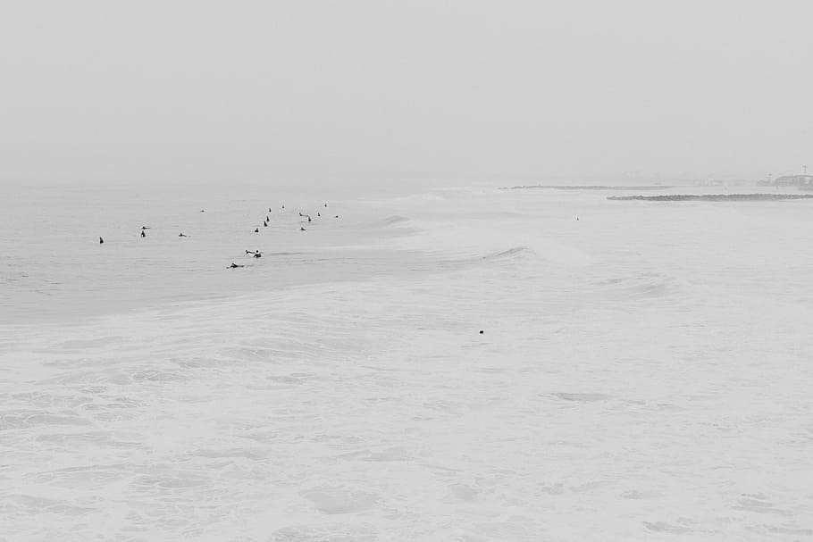 sea, ocean, water, waves, nature, people, swimming, black and white HD wallpaper