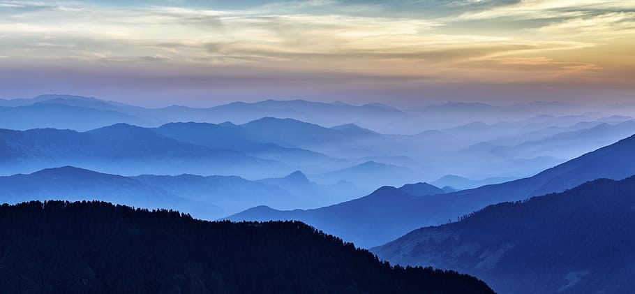 silhouette of mountain, highland, landscape, view, nature, fog HD wallpaper