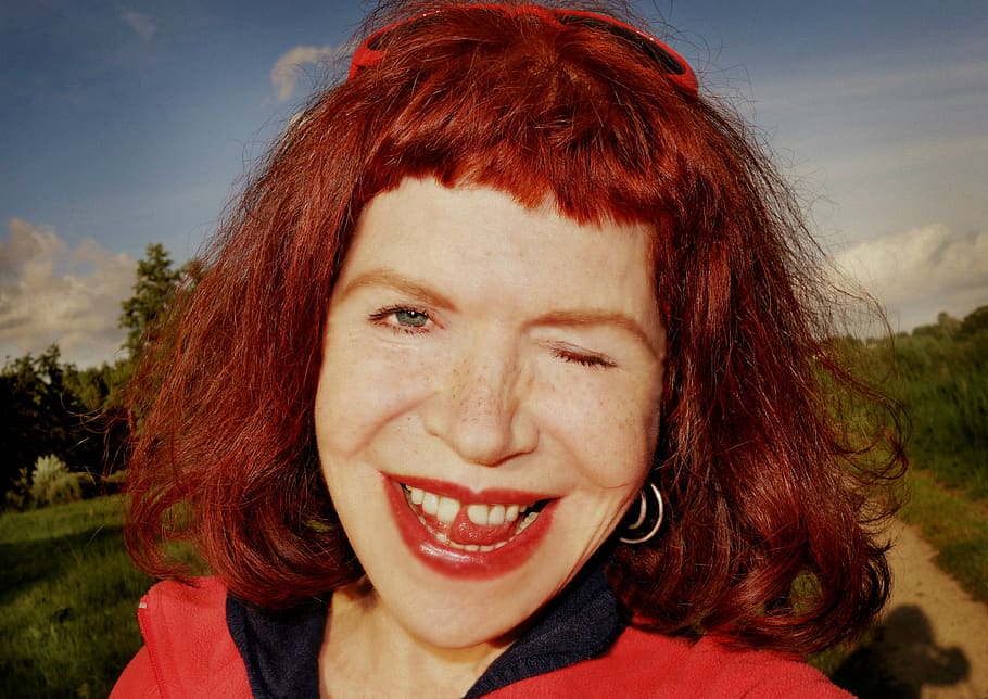women's red and black top, portrait, face, woman, caucasian, smile
