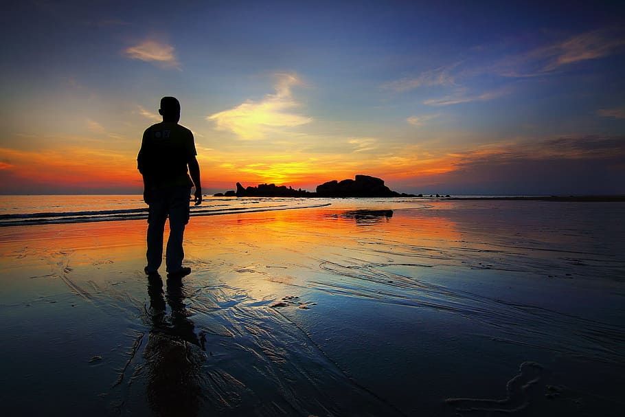 sea, dawn, sky, sunset, backlit, beach, calm, dusk, idyllic, island HD wallpaper
