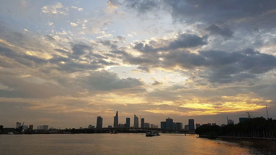 dawn, river, city, sky, landscape, scenery, light, architecture HD wallpaper