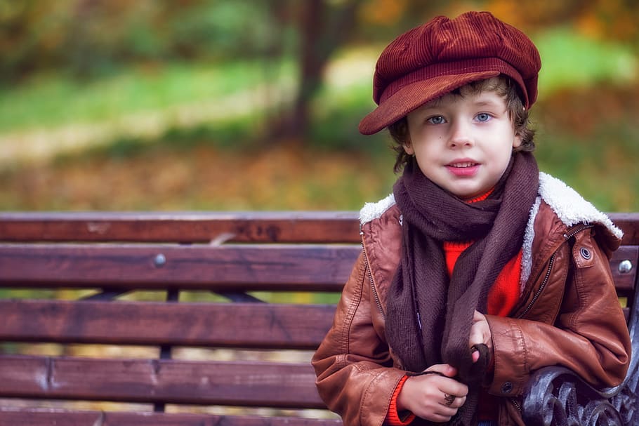 children's brown leather jacket, park, boy, baby, bench, small child