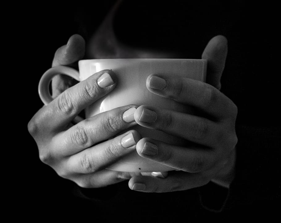 grayscale photo of person holding mug, cup, coffee, tea, steam HD wallpaper