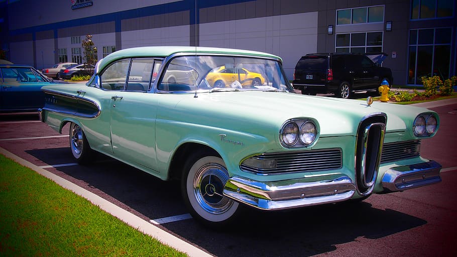 classic light-green sedan on road, auto, retro, oldtimer, car HD wallpaper