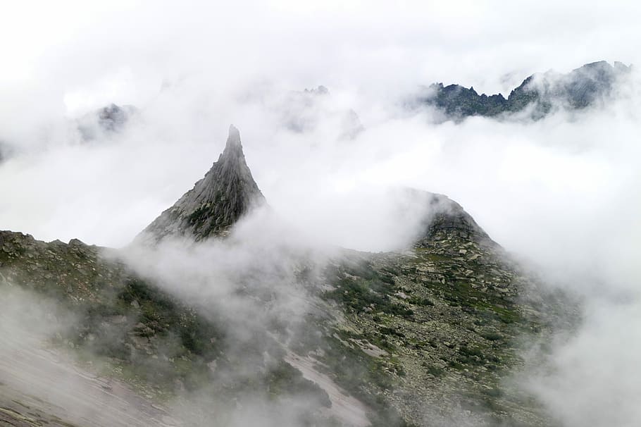 mountain covered by fogs, mountain under clouds, landscape, nature HD wallpaper