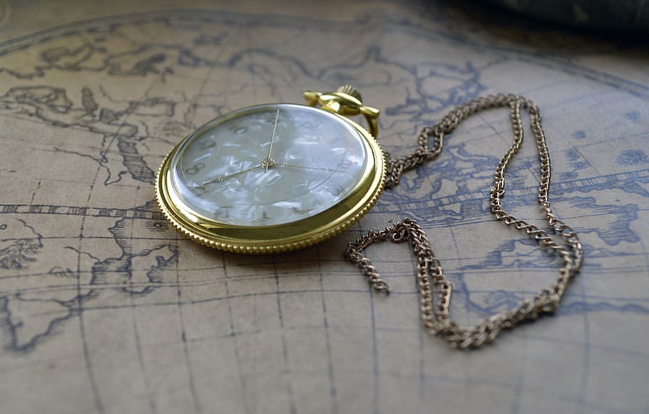 gold-colored analog pocket watch, clock, map, brown, on a chain HD wallpaper