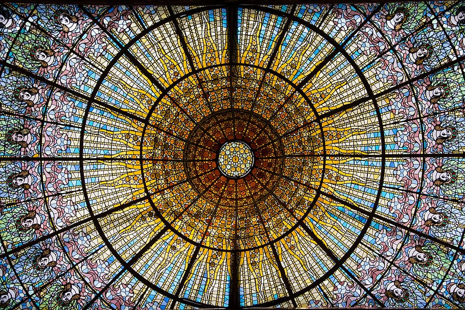 low angle photography of stain glass ceiling, barcelona, glass window, HD wallpaper