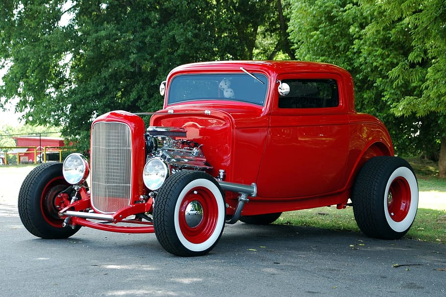 classic red vehicle on road near trees at daytime, Red Hot, Hot Rod, HD wallpaper