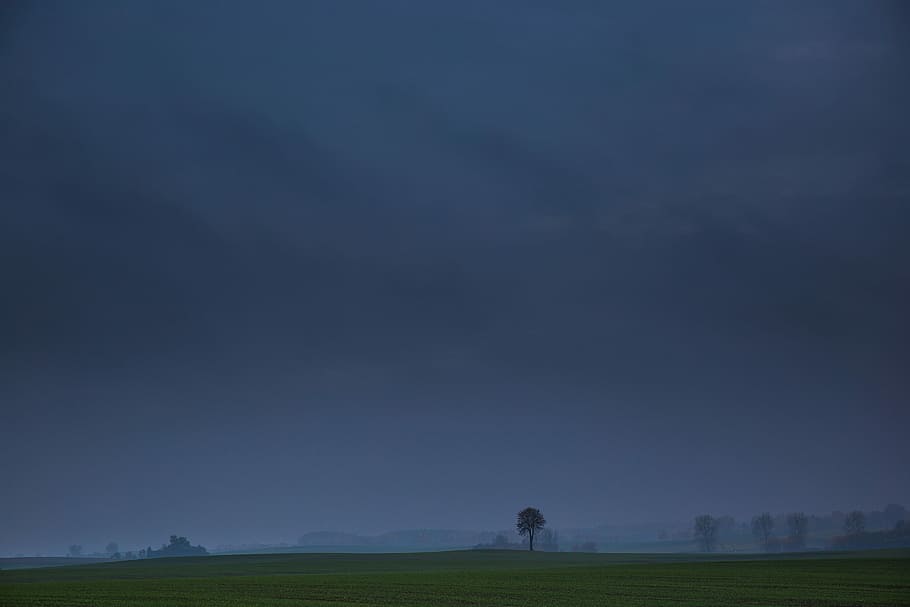 gray sky and green fields, blue, cloudy, country, landscapes HD wallpaper