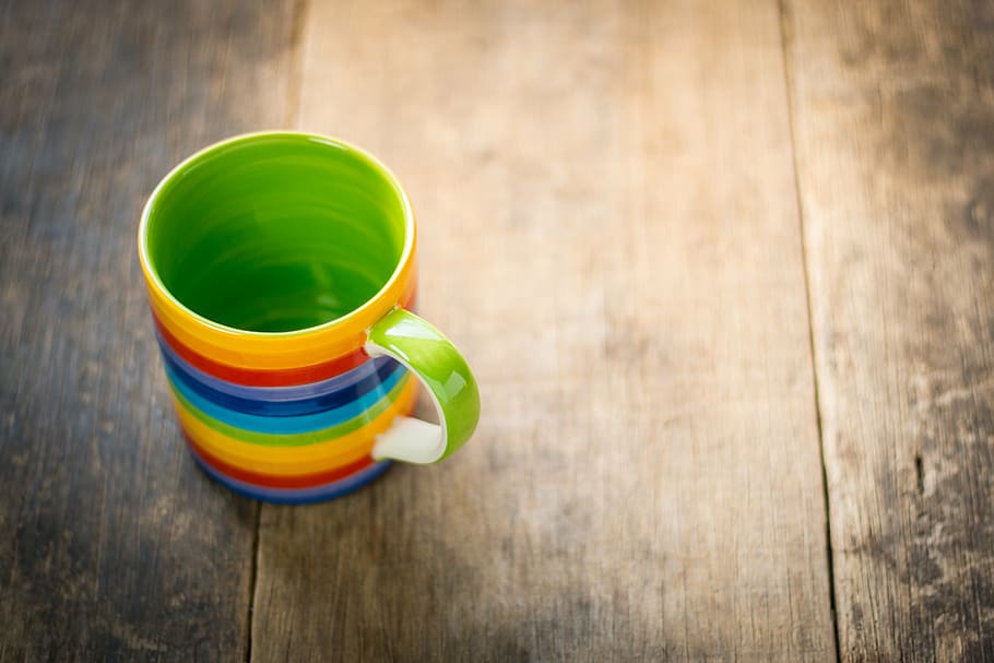 multicolored ceramic mug, cup, top, view, coffee, table, vintage, HD wallpaper