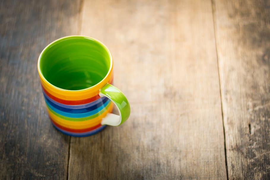 multicolored ceramic mug, cup, top, view, coffee, table, vintage HD wallpaper