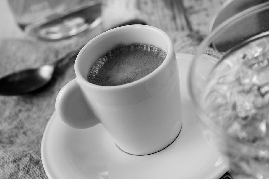 coffee, espresso, drink, cafe, bar, restaurant, black and white HD wallpaper