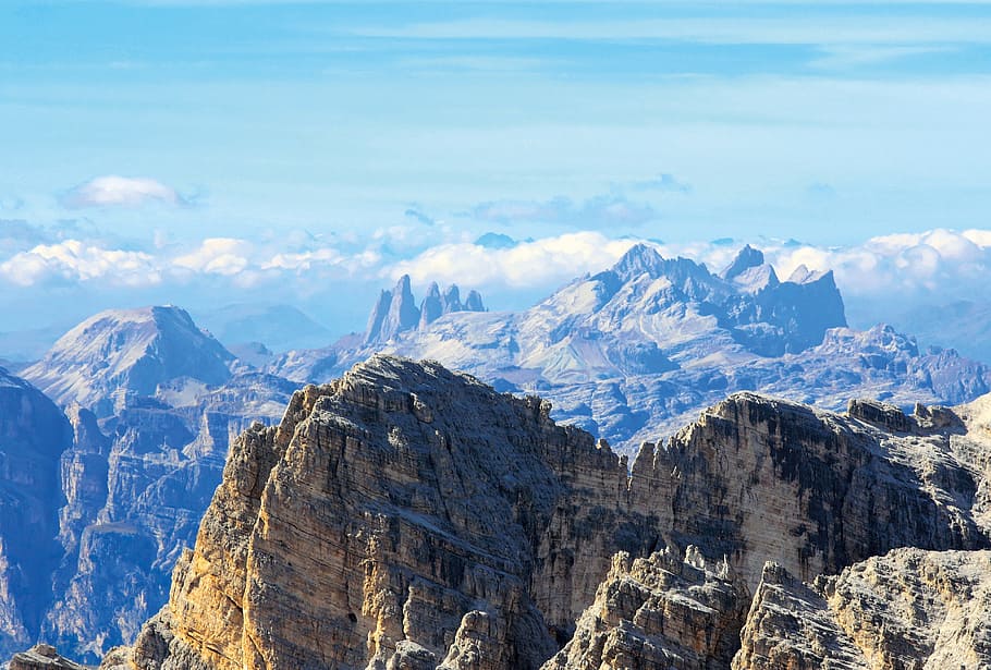 mountain range during daytime, dolomites, mountains, tofana, alpine, HD wallpaper