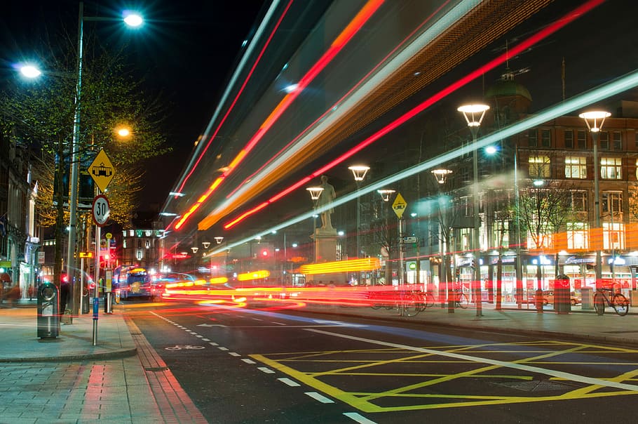 Dublin, City, City, Light, night, illuminated, street light HD wallpaper