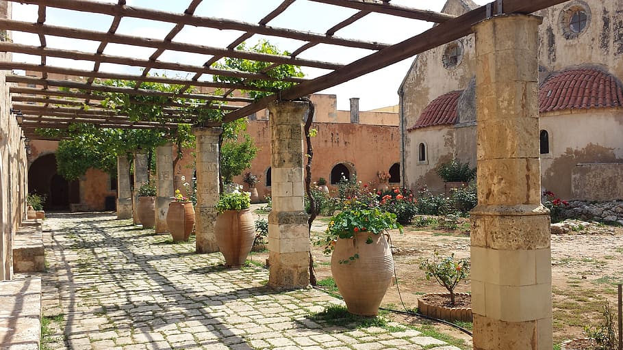 brown floor pots with plants near brown building, crete, monastery HD wallpaper