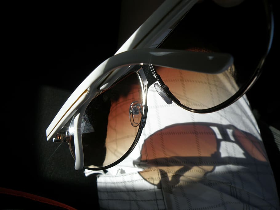 sunglasses, white, shadow, close-up, black background, indoors HD wallpaper