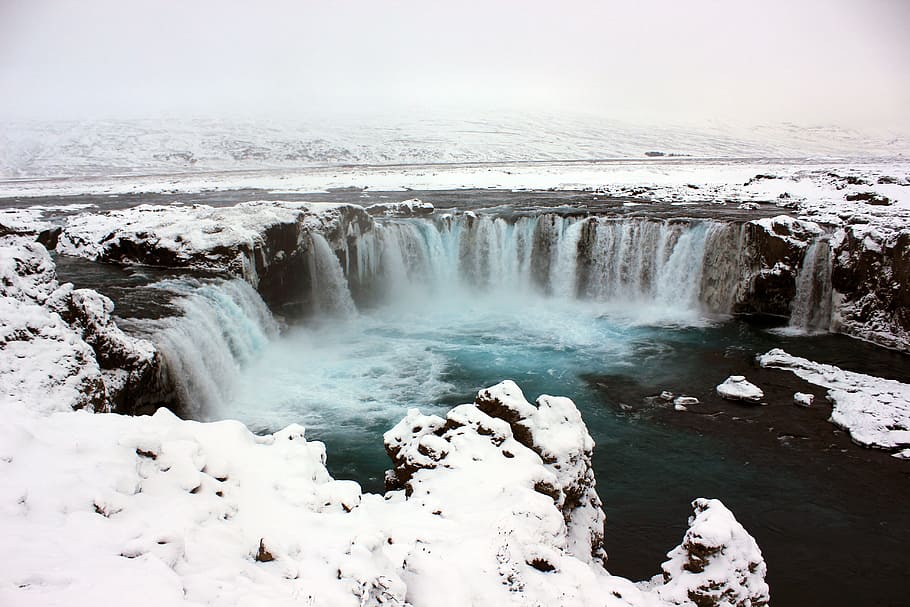 Waterfall, Snow, Nature, blue, landscape, travel, river, natural HD wallpaper