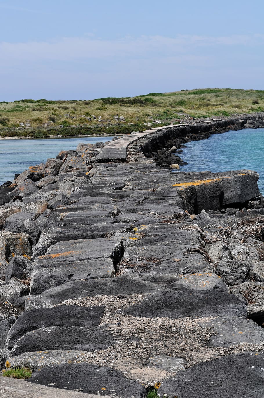rocks, sea, seaside, beach, path, walkway, stone, bridge, water HD wallpaper