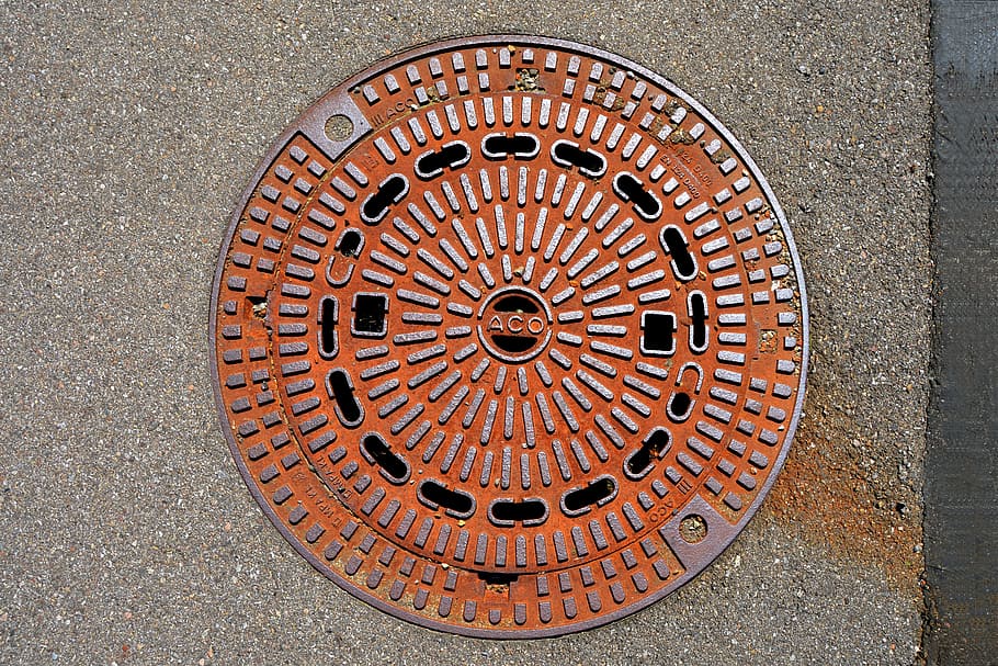 brown metal manhole on floor, Texture, Shaft, Lid, Road, Structure