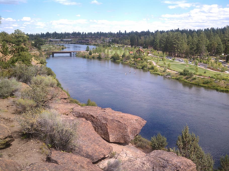 Oregon, River, Water, Sky, Clouds, forest, trees, woods, nature HD wallpaper