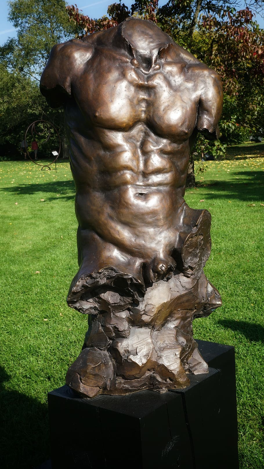 male, man, torso, art, sculpture, bronze, kew gardens, london, HD wallpaper