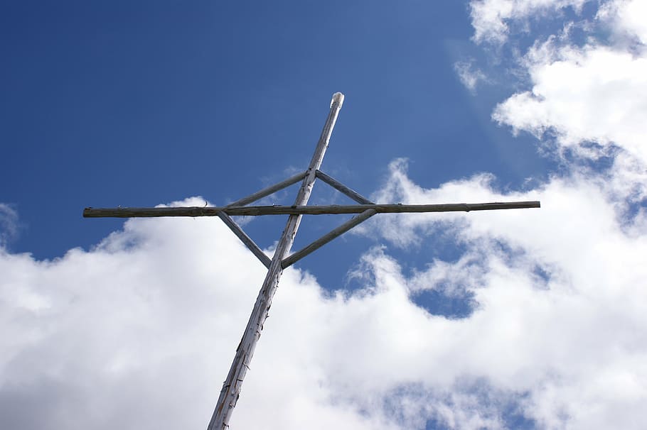 sky, cross, clouds, blue, summit cross, mountains, target, vision HD wallpaper