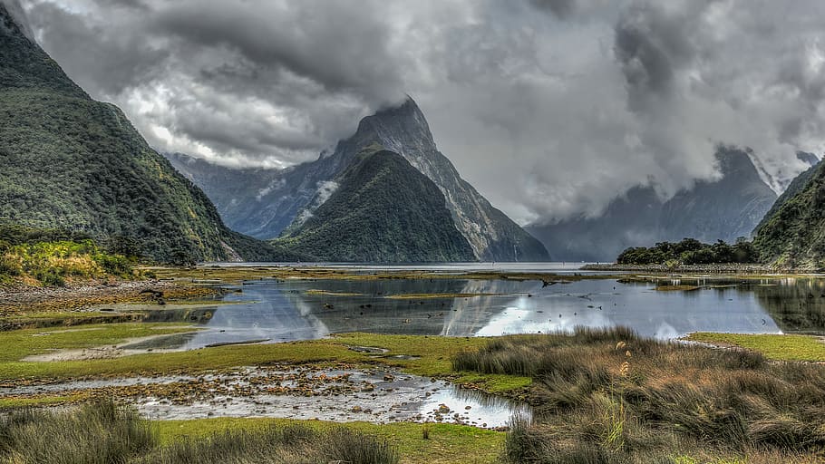 erupting mountain near lake, mountain surrounded body of water HD wallpaper