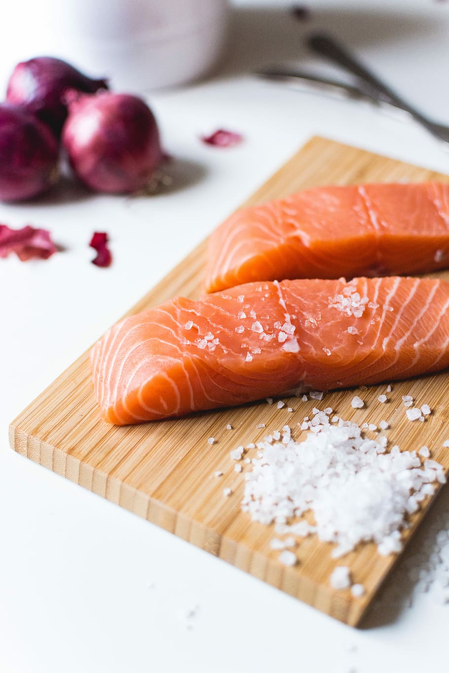 Salmon fillets, close up, fish, healthy, white background, food