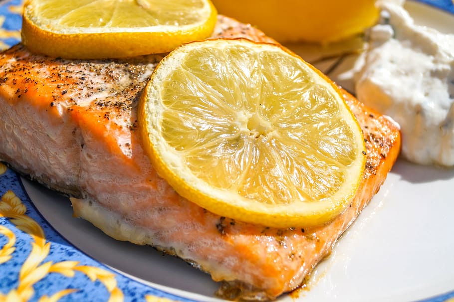 sliced lemon on fish dish, salmon, food, eat, nutrition, delicious HD wallpaper