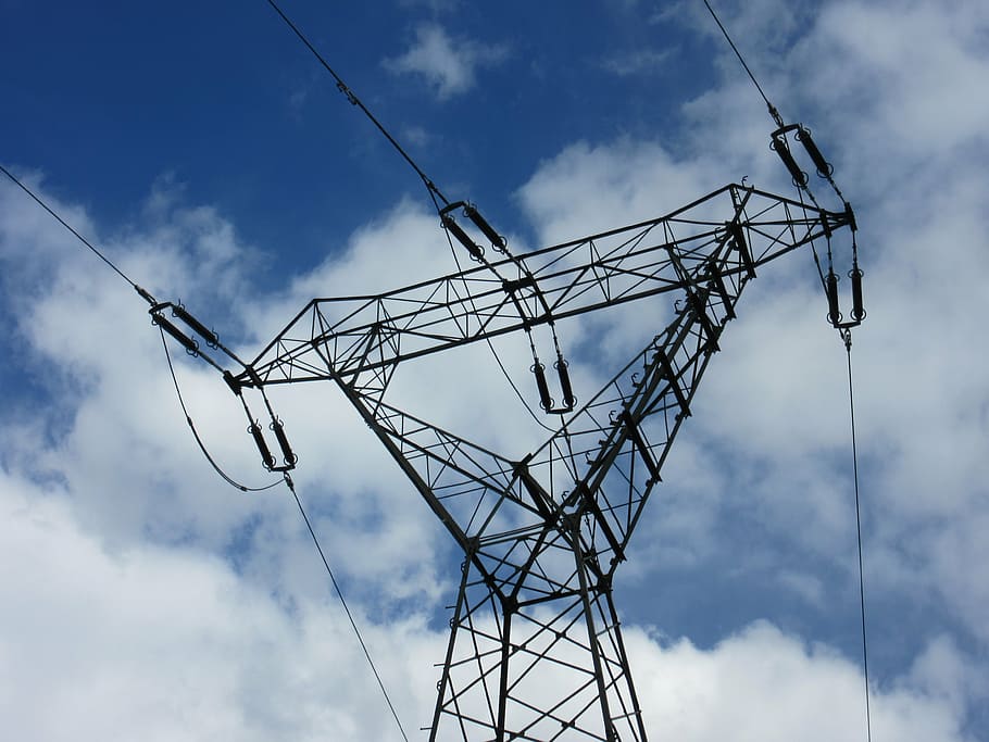 strommast, silhouette, sky, clouds, blue, white, high voltage HD wallpaper