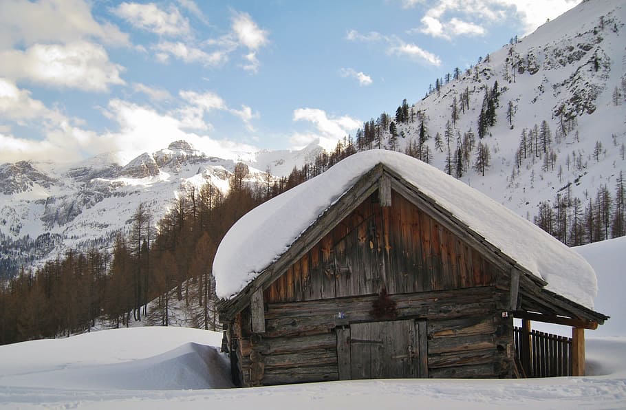 brown wooden house, snow landscape, mountain hut, alpine, wintry HD wallpaper