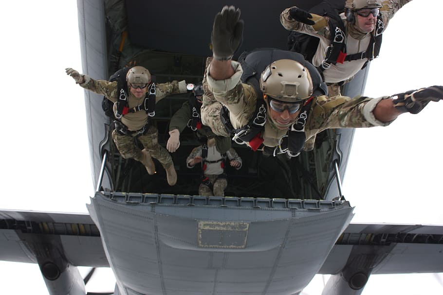 four men doing paragliding, military, training, fall, parachuting HD wallpaper