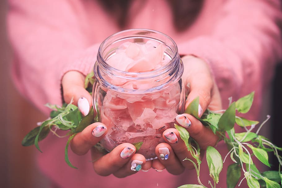 person holding clear glass jar, human Hand, people, women, drink HD wallpaper