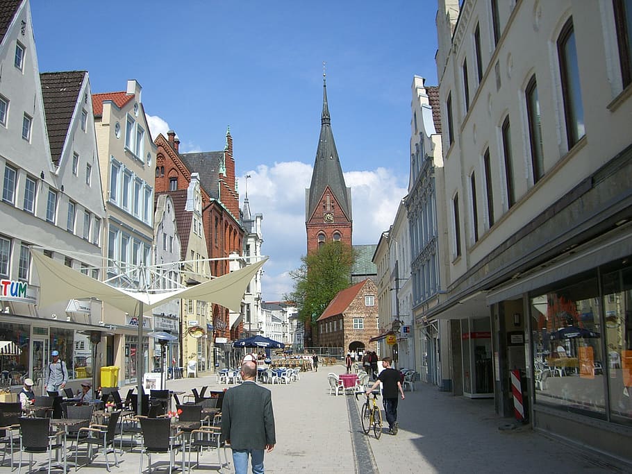 flensburg, downtown, pedestrian zone, st mary's, architecture, HD wallpaper