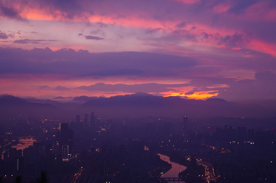 City, city skyline during sunset, sunrise, purple, cloud, building exterior HD wallpaper
