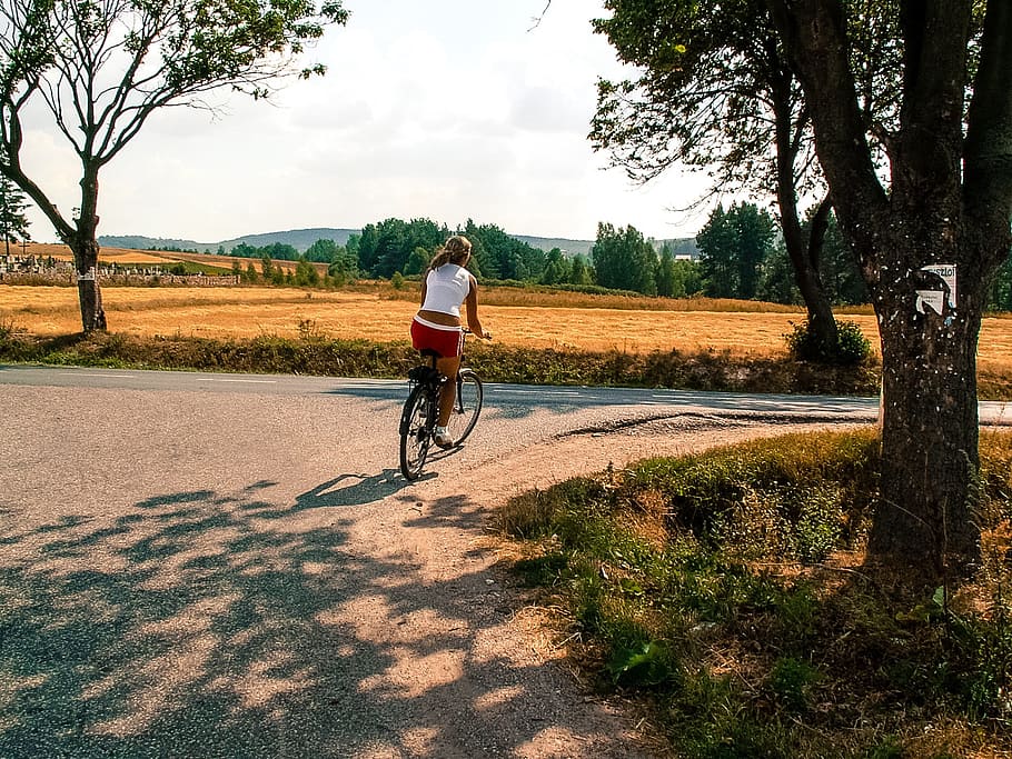 way, bike, girl, woman, swietokrzyskie mountains, shadow, by bike, HD wallpaper