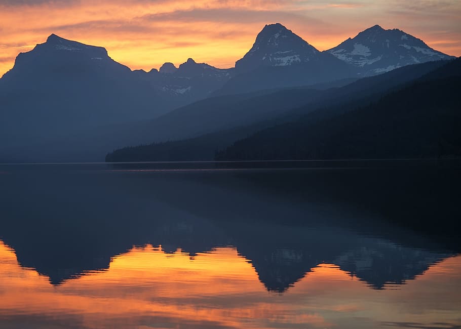 mountains, lake, reflection, twilight, sunset, landscape, scenery HD wallpaper