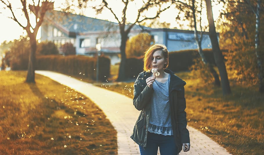 woman blowing on white dandelion, trees, plants, nature, park HD wallpaper
