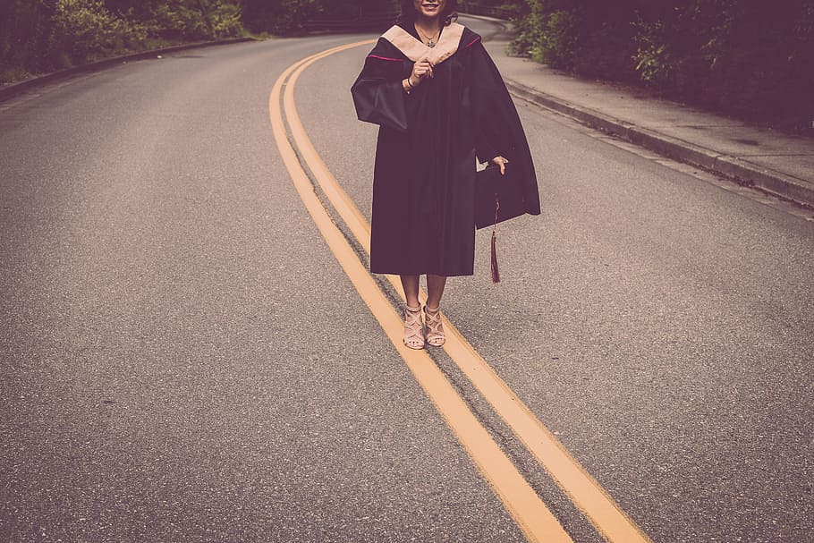 woman wearing academy dress standing on road, graduation, masters, HD wallpaper