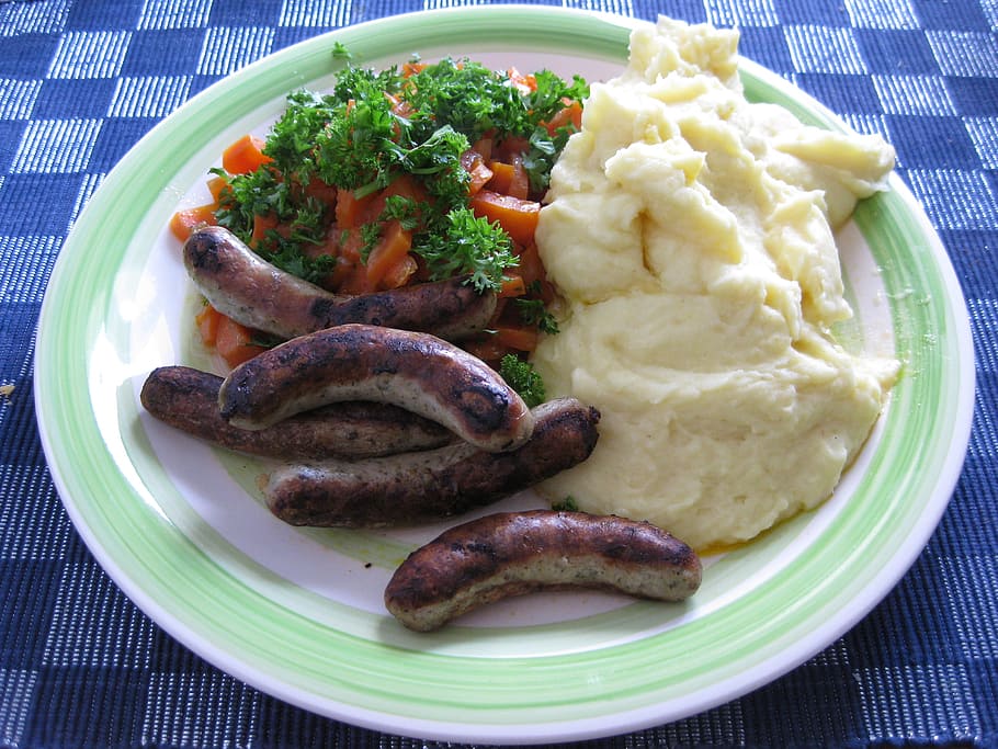 eat, lunch, mashed potatoes, vegetables, carrot vegetable, sausage HD wallpaper