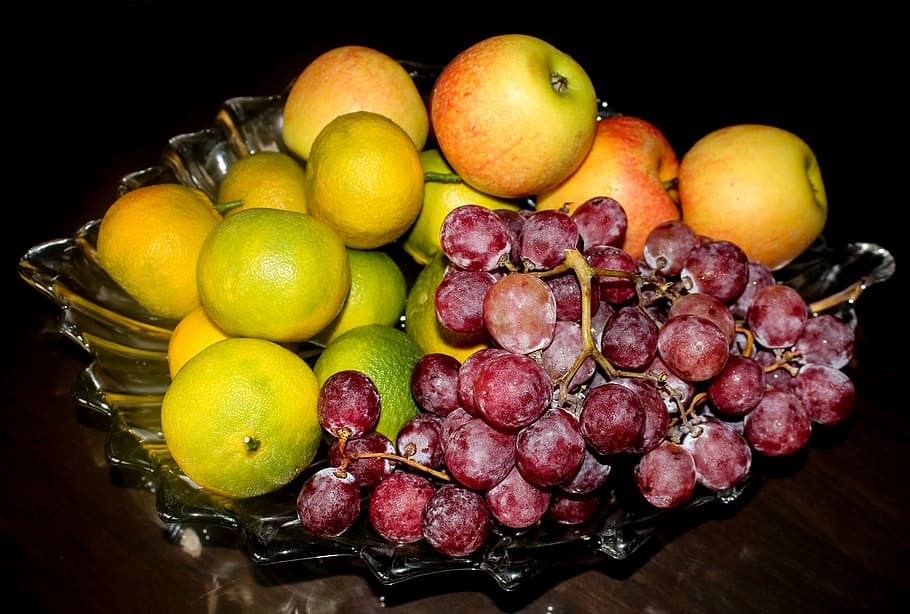 fruit, grape, apple, mandarin, basket, black background, tasting HD wallpaper