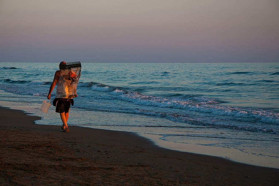 fisherman, beach, people, elderly, walk, sunset, sea, water HD wallpaper
